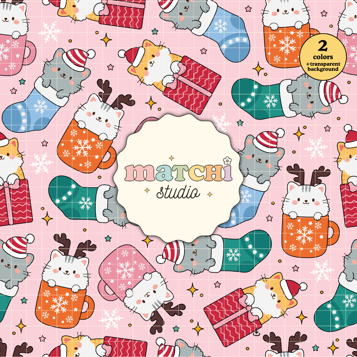 Christmas Cute Cats Pattern, Xmas Pets Repeat Pattern for Fabric Sublimation