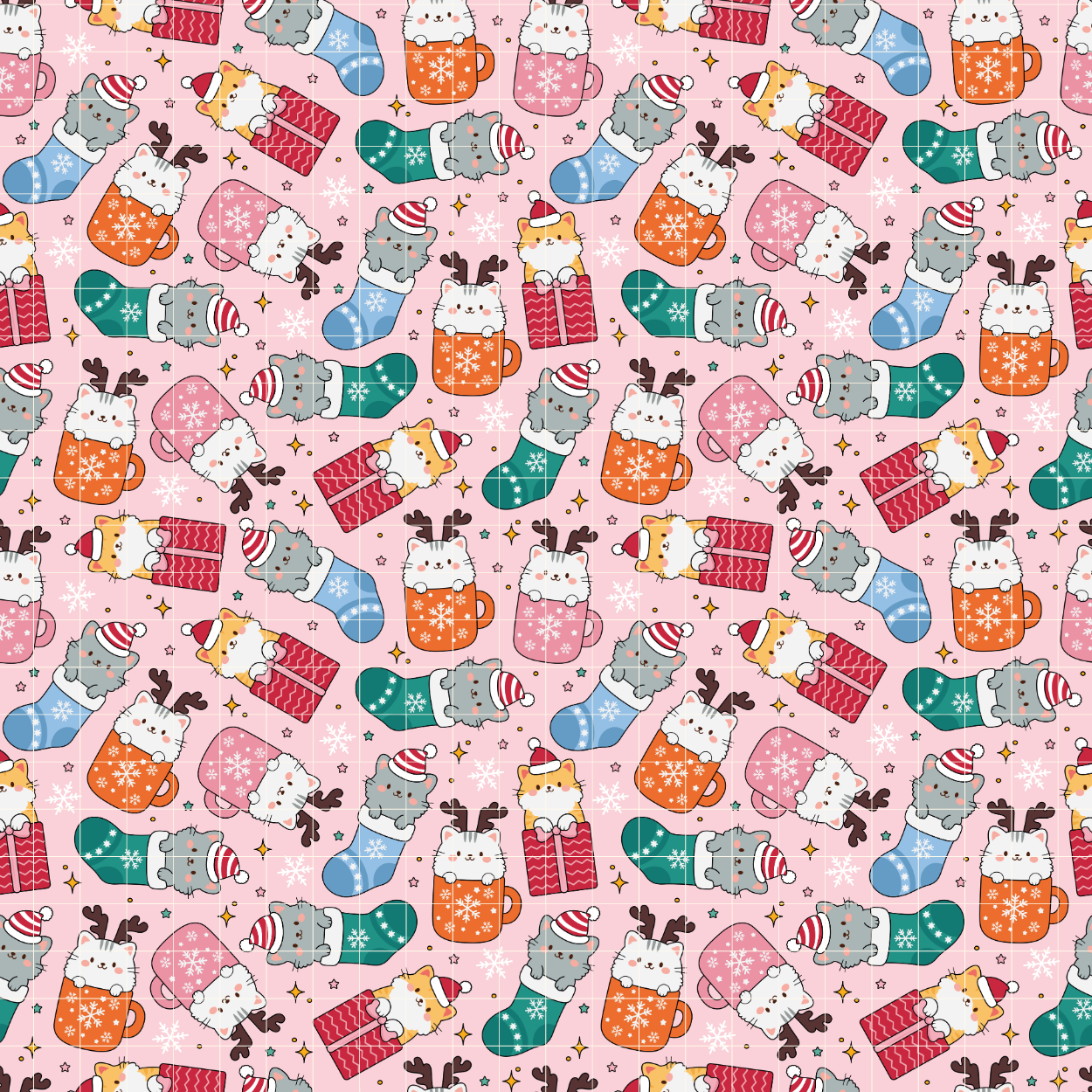 Christmas Cute Cats Pattern, Xmas Pets Repeat Pattern for Fabric Sublimation