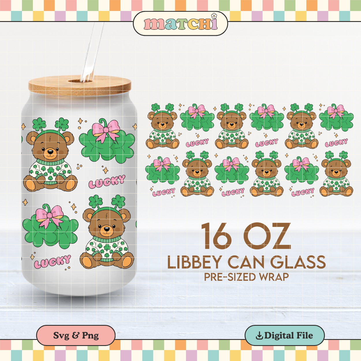 Lucky Teddy | St. Patricks Day 16oz Cup Wrap PNG SVG