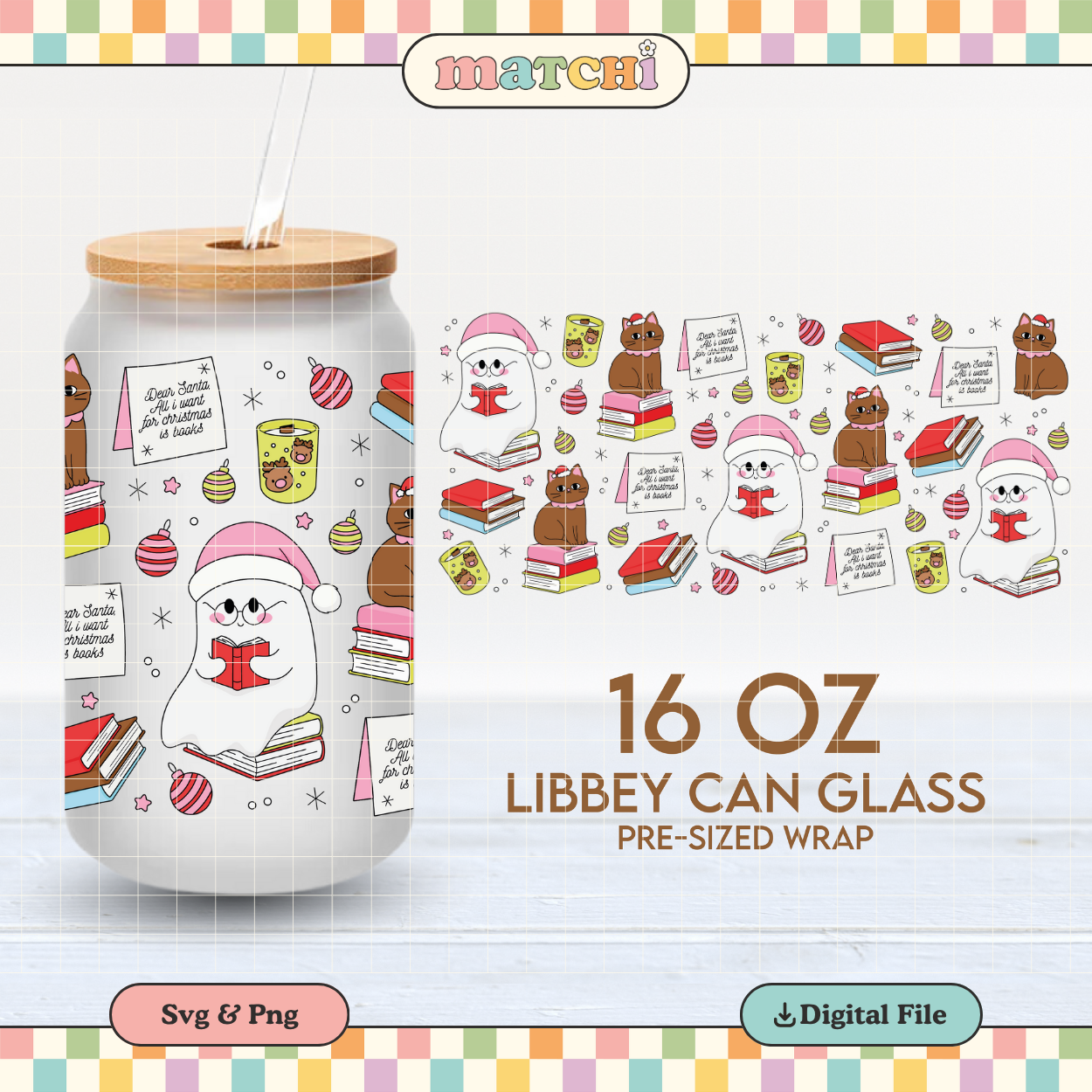 Bookmas Ghost | Bookish Xmas 16oz Cup Wrap PNG SVG