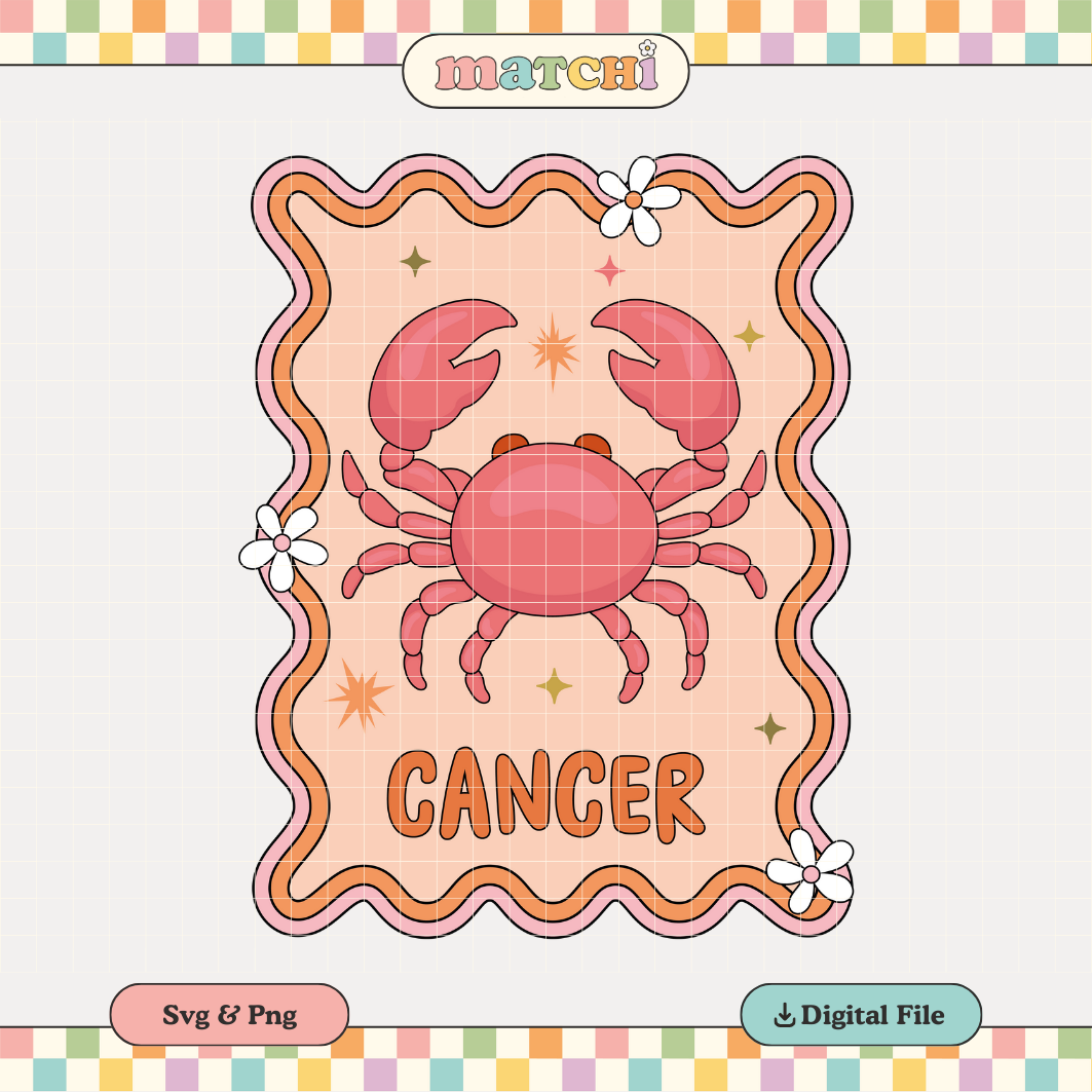 Cancer Decal PNG SVG | Zodiac Cancer Girl Sublimation | Retro Groovy Tshirt Design