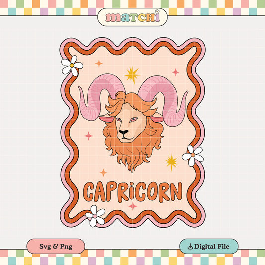 Capricorn Decal PNG SVG | Zodiac Capricorn Girl Sublimation | Retro Groovy Design