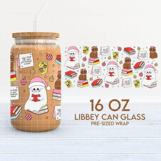 Bookmas Ghost | Bookish Xmas 16oz Cup Wrap PNG SVG