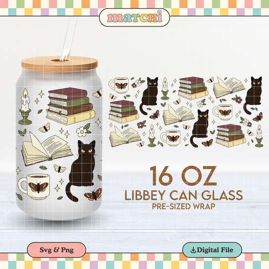 Cats & Books | Dark Academia 16oz Cup Wrap PNG SVG