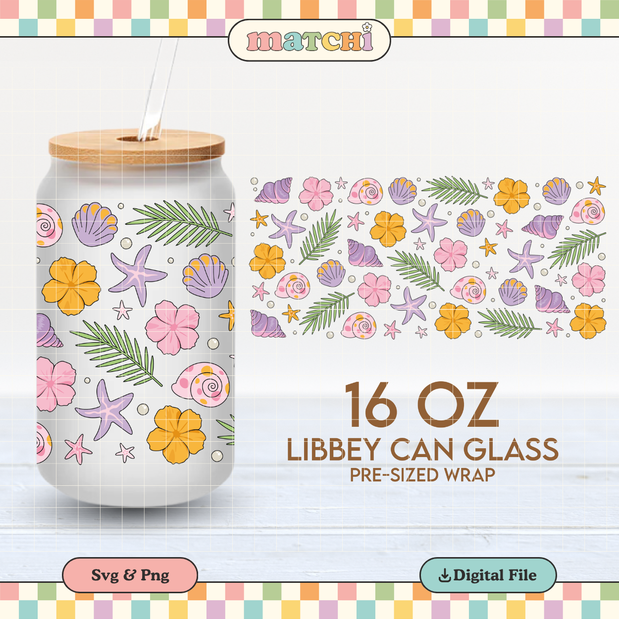 Seashells & Flowers | Summer 16oz Cup Wrap PNG SVG