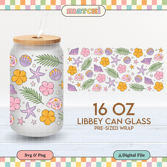 Seashells & Flowers | Summer 16oz Cup Wrap PNG SVG