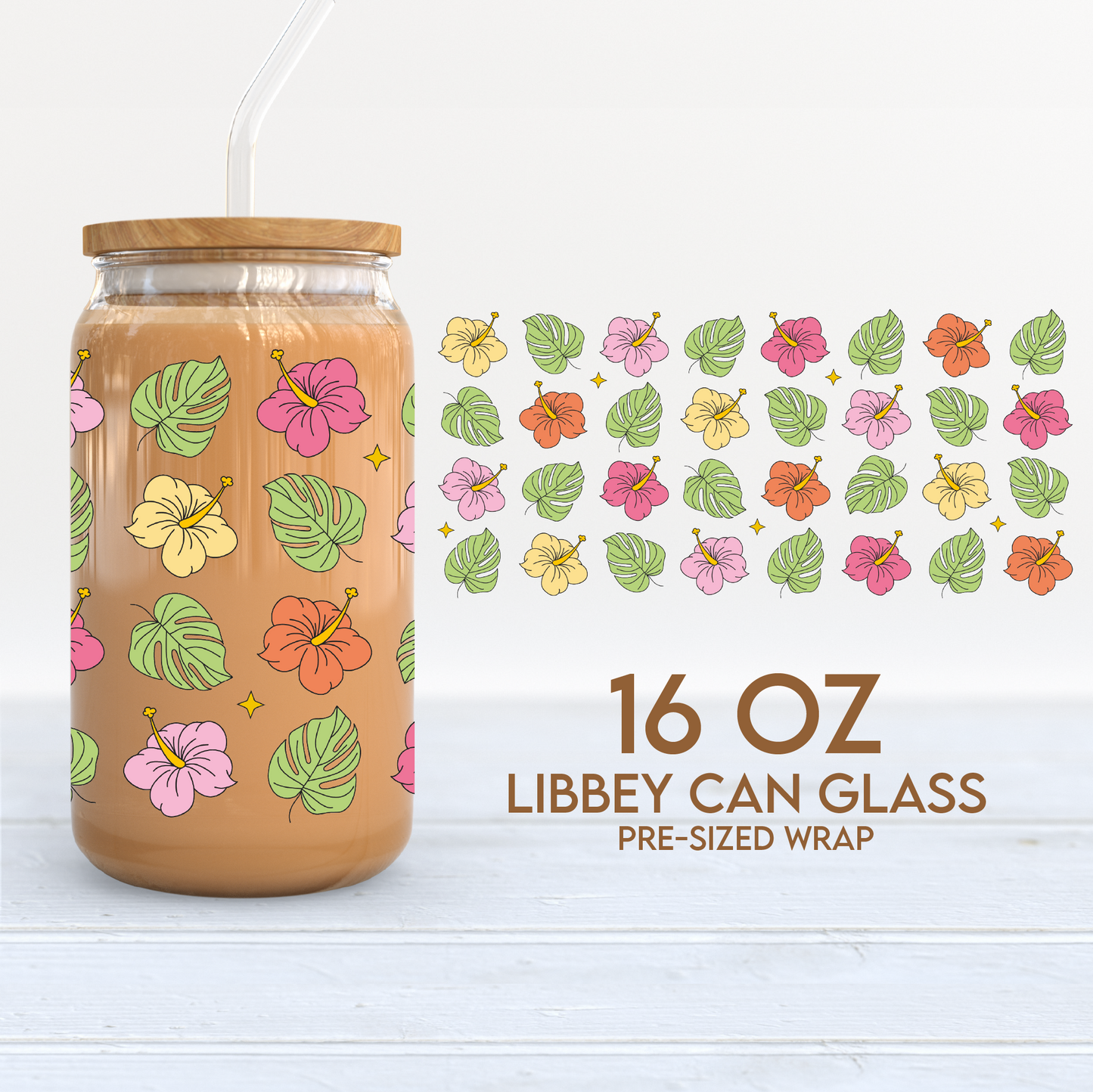 Aloha Hibiscus Flower Cup Wrap | Summer 16oz Libbey Can Glass | Trendy PNG SVG