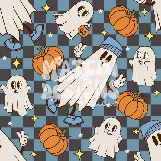 Halloween Blue Seamless Pattern, Pumpkins and Ghosts Pattern for Fabric Sublimation