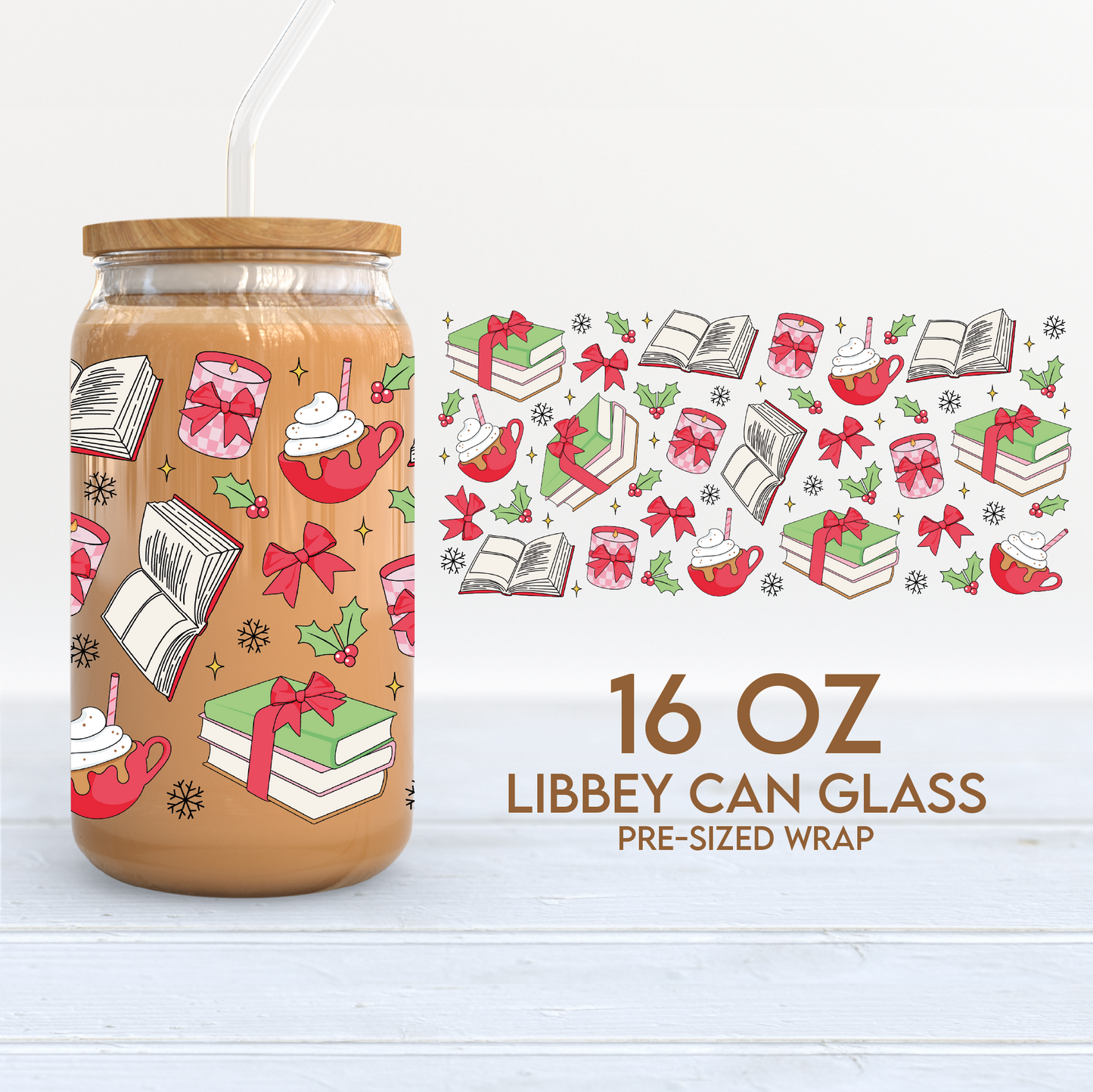 Bookish Xmas Things Cup Wrap | Christmas 16oz Libbey Can Glass | Books PNG SVG