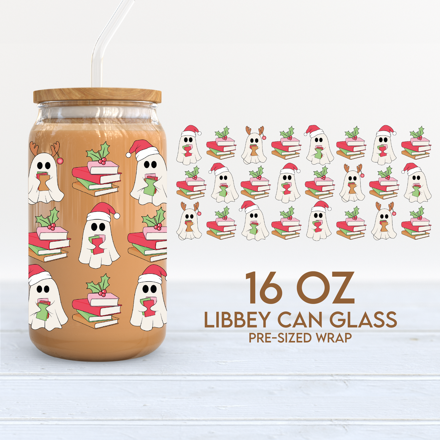 Bookish Xmas Ghosts Cup Wrap | Christmas 16oz Libbey Can Glass | Books PNG SVG