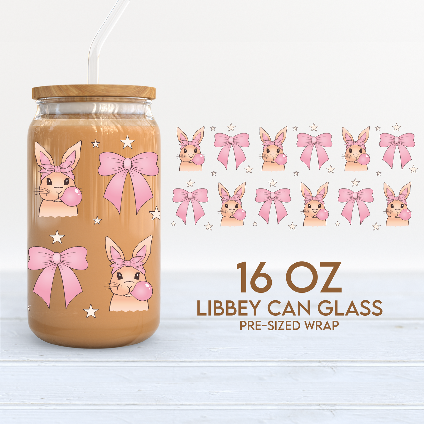 Easter Bunnies & Bows Cup Wrap | 16oz Libbey Can Glass | Coquette Easter PNG SVG