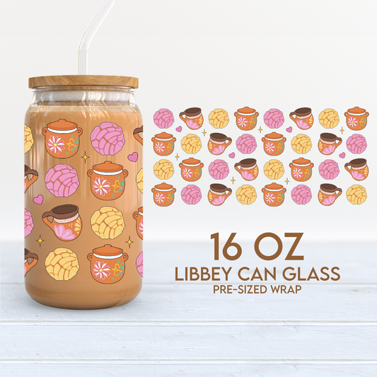 Cafecito Conchas Frojoles Cup Wrap | Spanish 16oz Libbey Can Glass | Hispanic PNG SVG