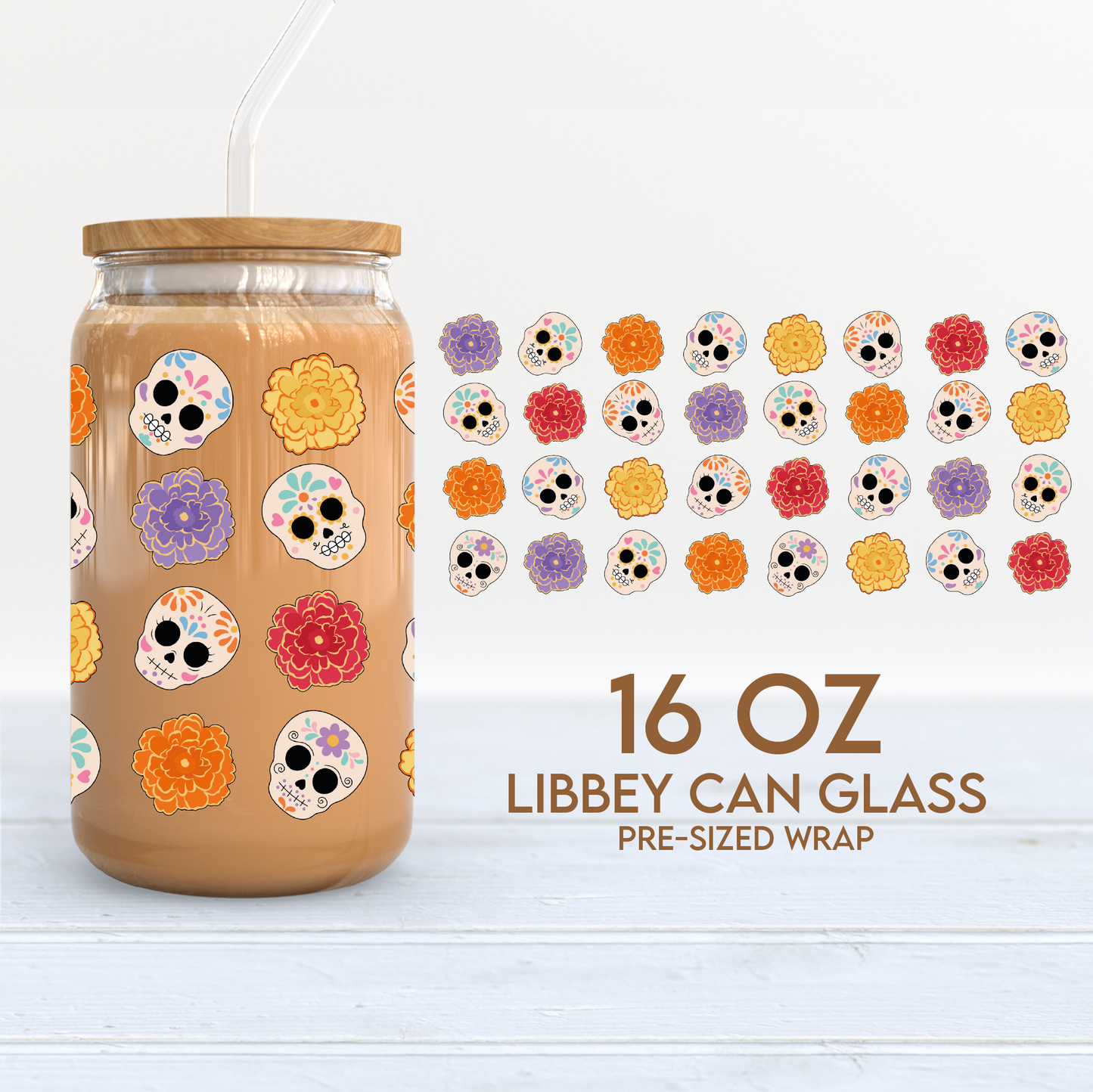 Calaveritas Y Marigolds Cup Wrap | Dia de Muertos 16oz Libbey Can Glass PNG SVG