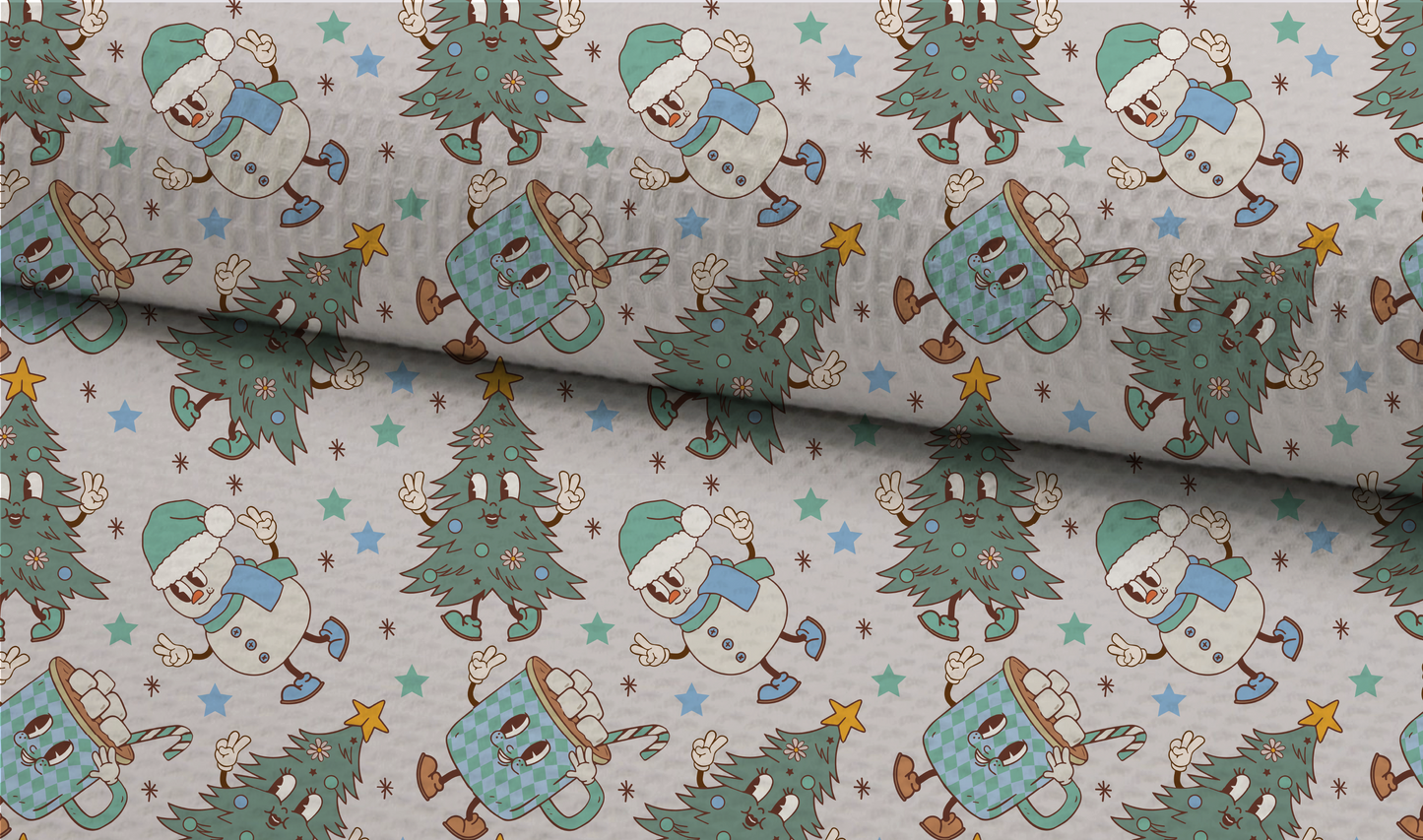 Christmas Cartoons Seamless Pattern, Groovy Xmas Blue Pattern for Fabric Sublimation