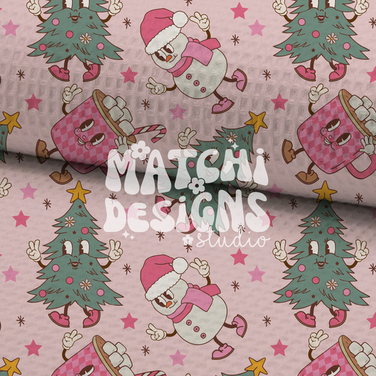 Christmas Cartoons Seamless Pattern, Groovy Xmas Pink Pattern for Fabric Sublimation