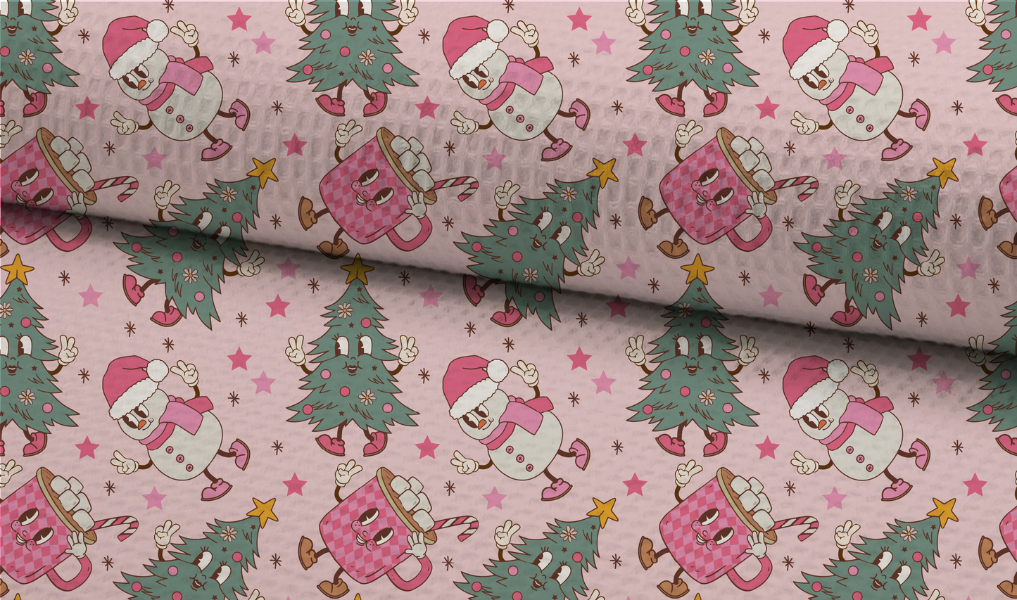 Christmas Cartoons Seamless Pattern, Groovy Xmas Pink Pattern for Fabric Sublimation