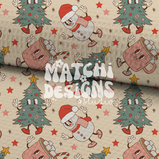 Christmas Cartoons Seamless Pattern, Groovy Xmas Red Pattern for Fabric Sublimation