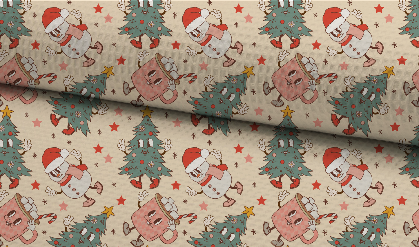 Christmas Cartoons Seamless Pattern, Groovy Xmas Red Pattern for Fabric Sublimation