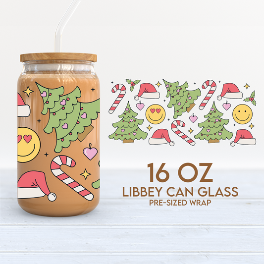 Christmas Groovy Doodles Cup Wrap | 16oz Libbey Can Glass | Retro Christmas PNG SVG