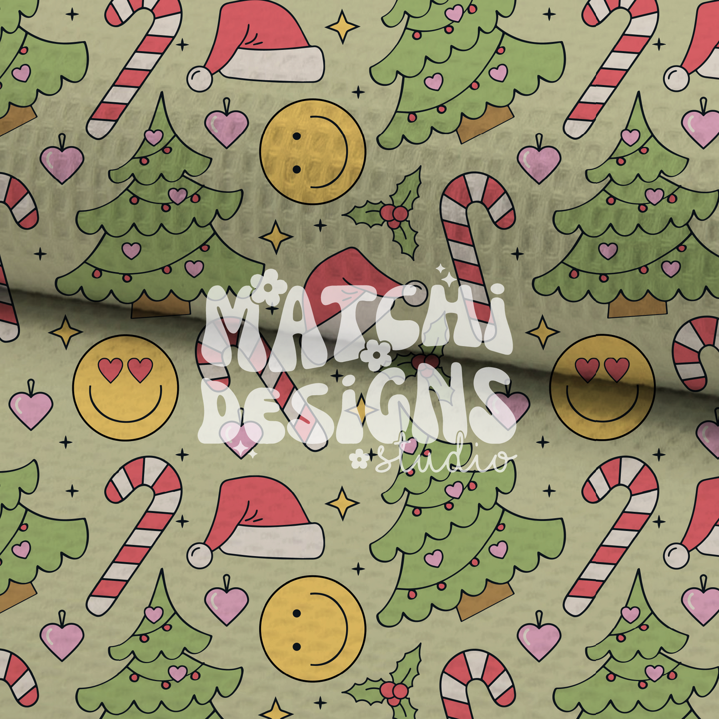Christmas Groovy Doodles Seamless Pattern, Xmas Green Pattern for Fabric Sublimation
