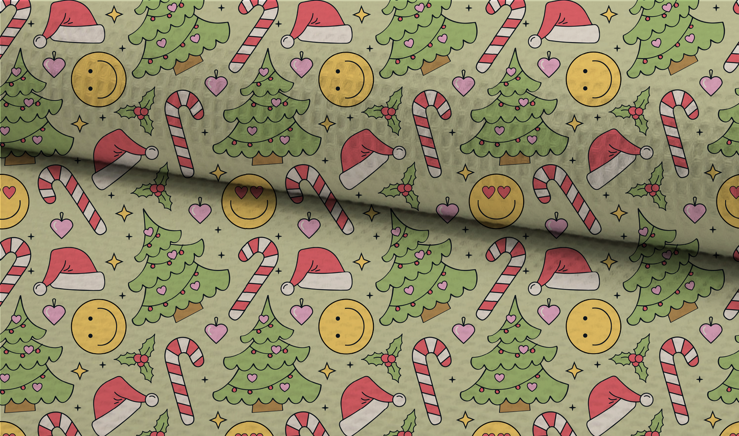 Christmas Groovy Doodles Seamless Pattern, Xmas Green Pattern for Fabric Sublimation