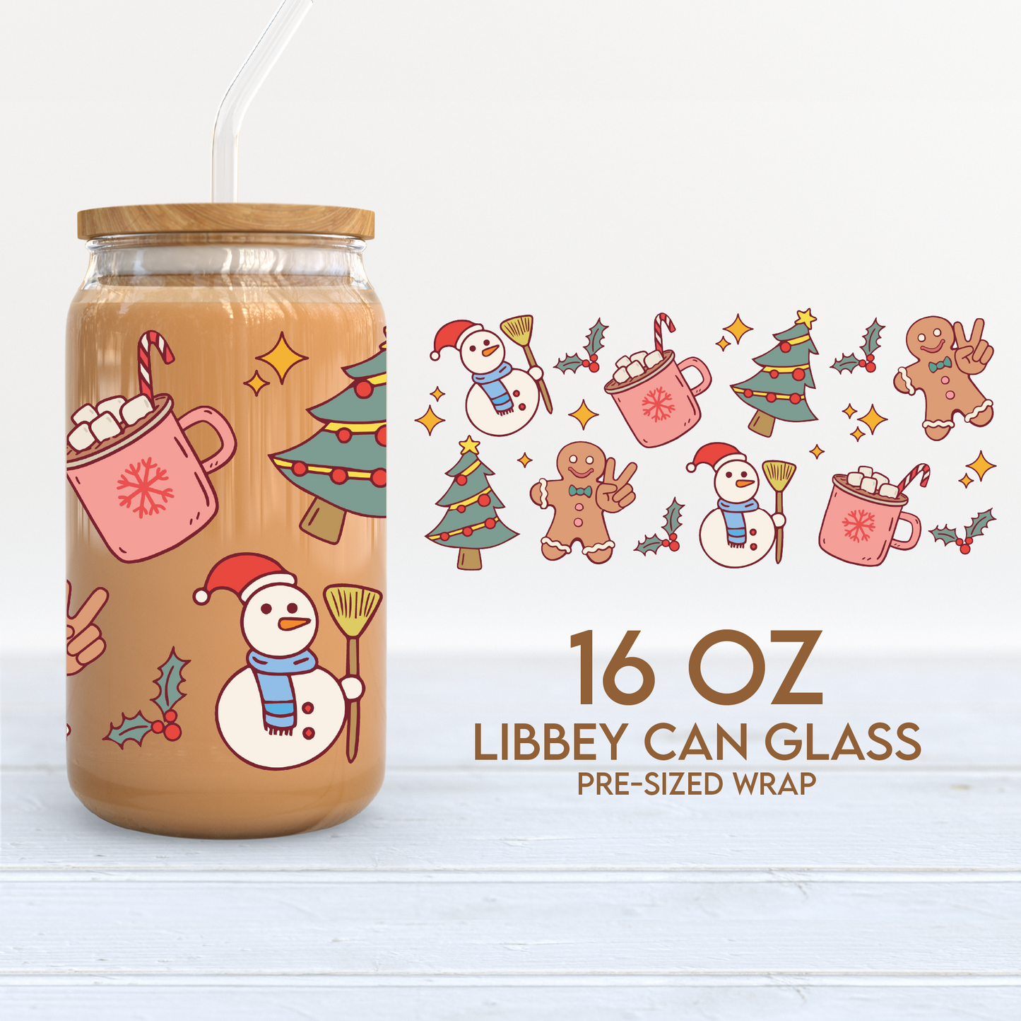 Christmas Things Cup Wrap | 16oz Libbey Can Glass | Christmas Doodles PNG SVG