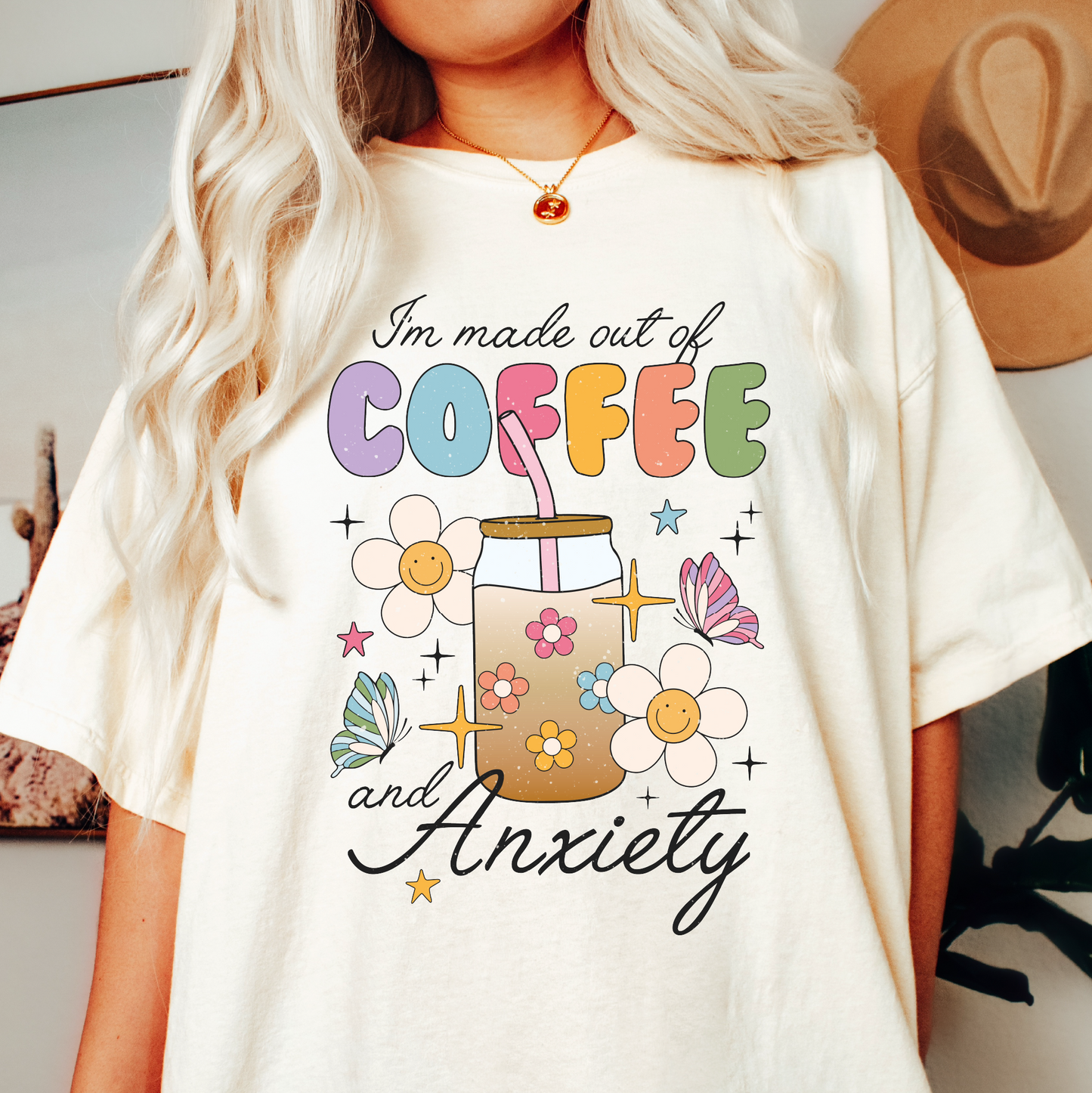 DTF Transfer Coffee and Anxiety | Trendy Funny | Coffee Queen