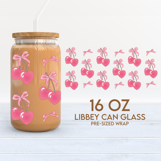 Coquette Pink Bows & Cherry Cup Wrap | 16oz Libbey Can Glass | Coquette PNG SVG