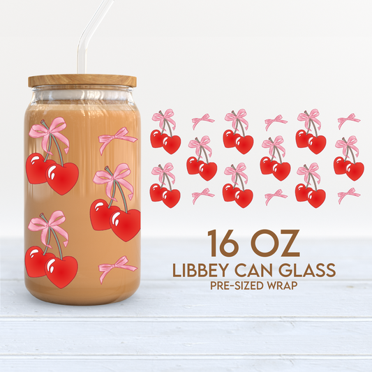 Coquette Bows & Red Cherry Cup Wrap | 16oz Libbey Can Glass | Coquette PNG SVG