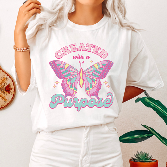 Created With a Purpose PNG SVG | Retro Christian Sublimation | Butterfly T shirt Design