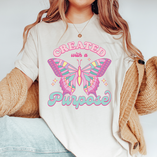 Created With a Purpose PNG SVG | Retro Christian Sublimation | Butterfly T shirt Design