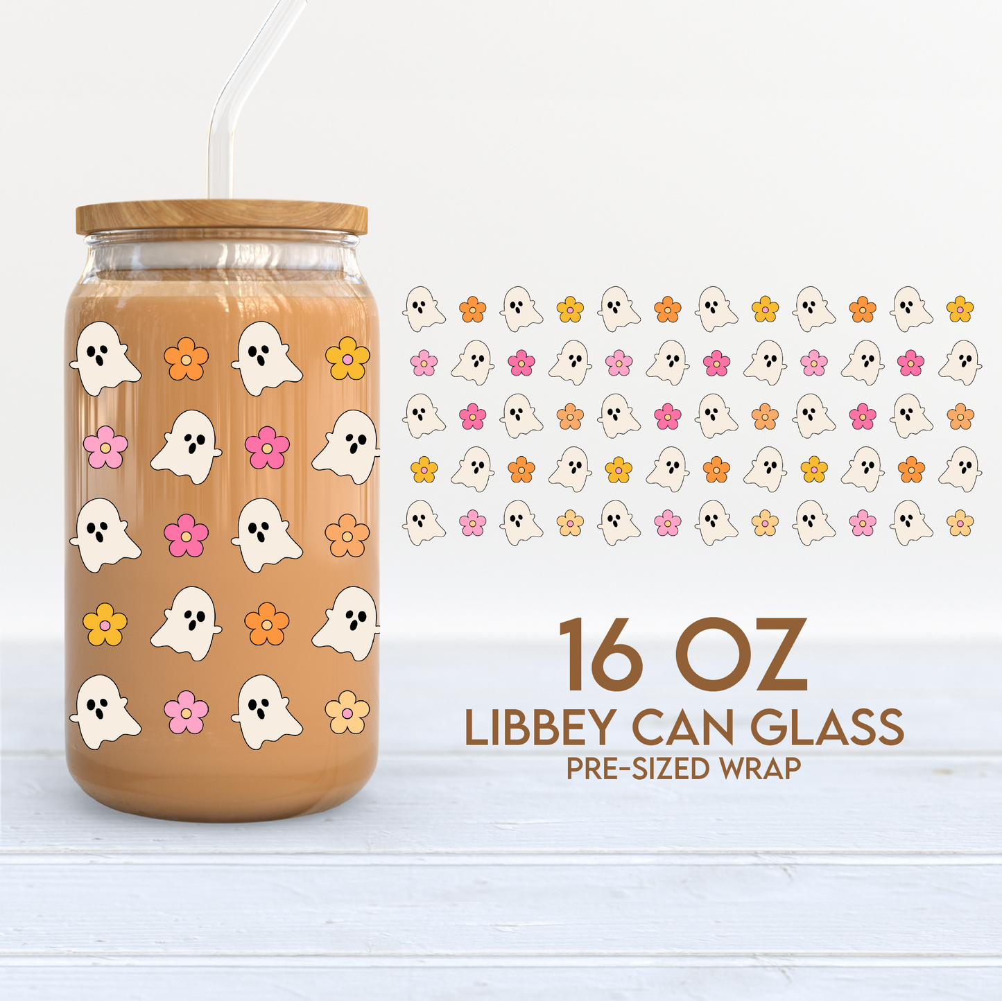 Cute Ghosts & Flowers Cup Wrap | Cute Halloween 16oz Libbey Can Glass PNG SVG