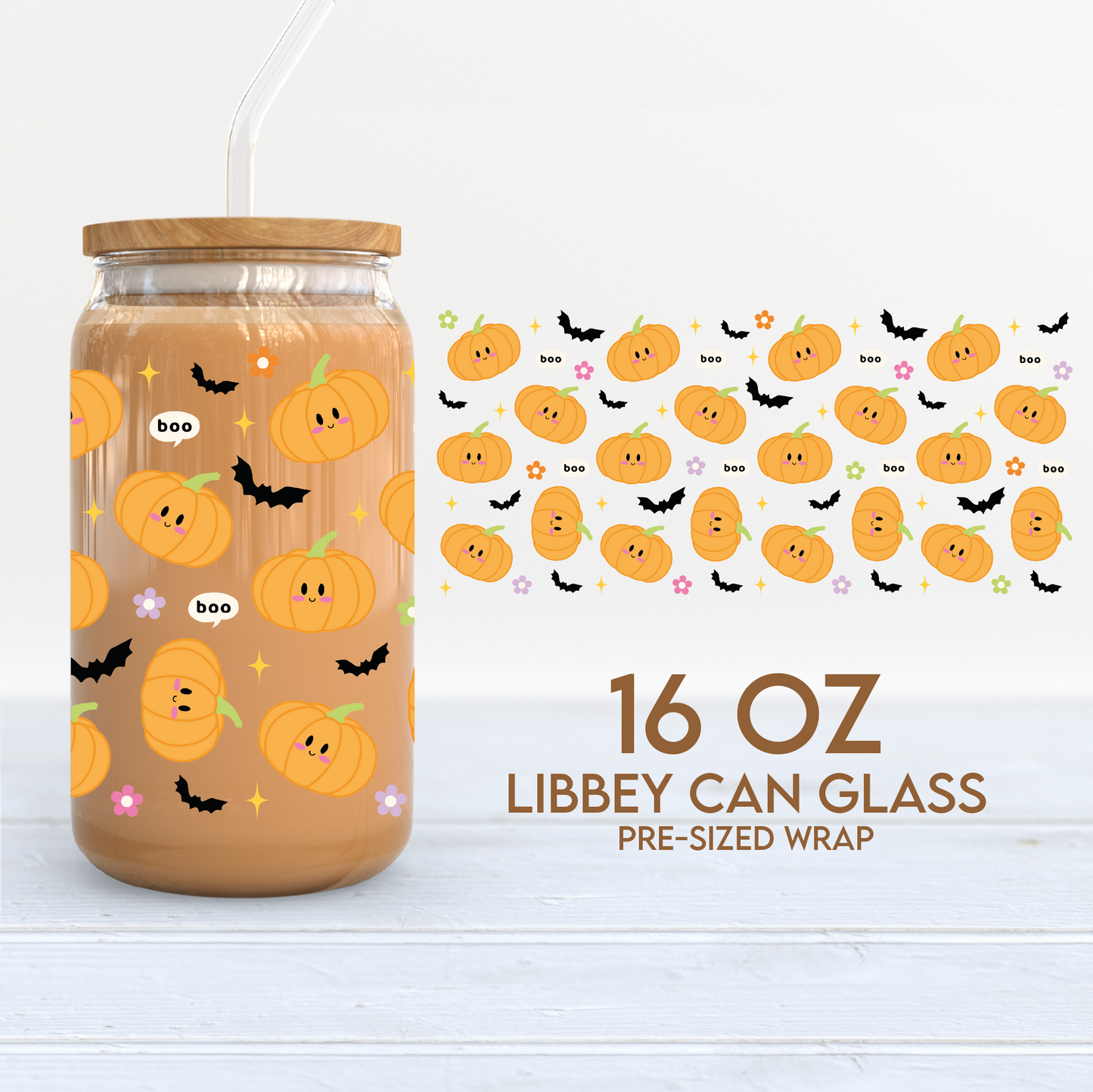 Cute Pumpkins Cup Wrap | Halloween 16oz Libbey Can Glass | Cute Spooky PNG SVG