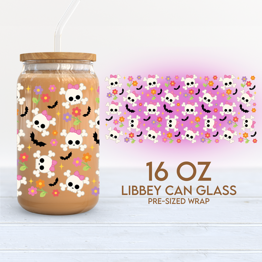 Cute Skulls Cup Wrap | Halloween 16oz Libbey Can Glass | Cute Spooky PNG SVG
