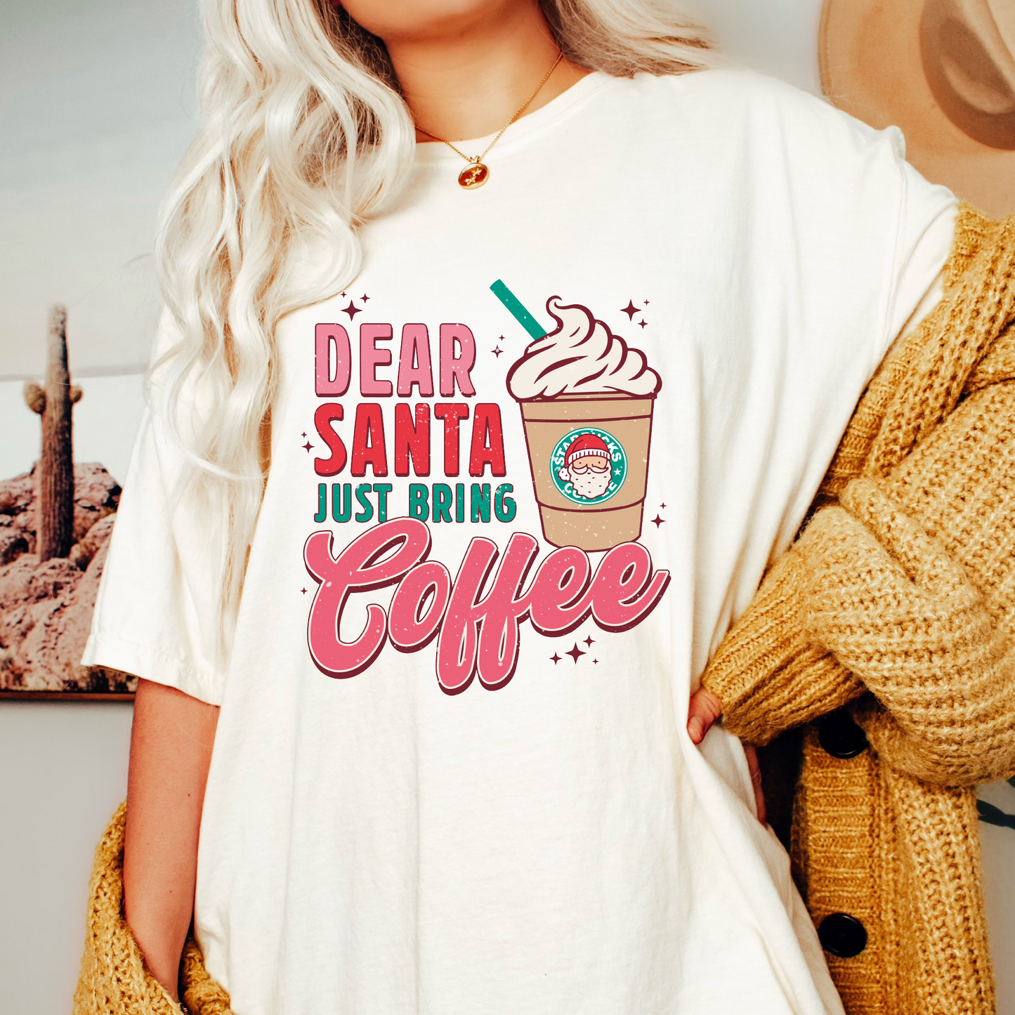 Dear Santa Just Bring Coffee PNG | Funny Christmas Sublimation | Retro T shirt Design