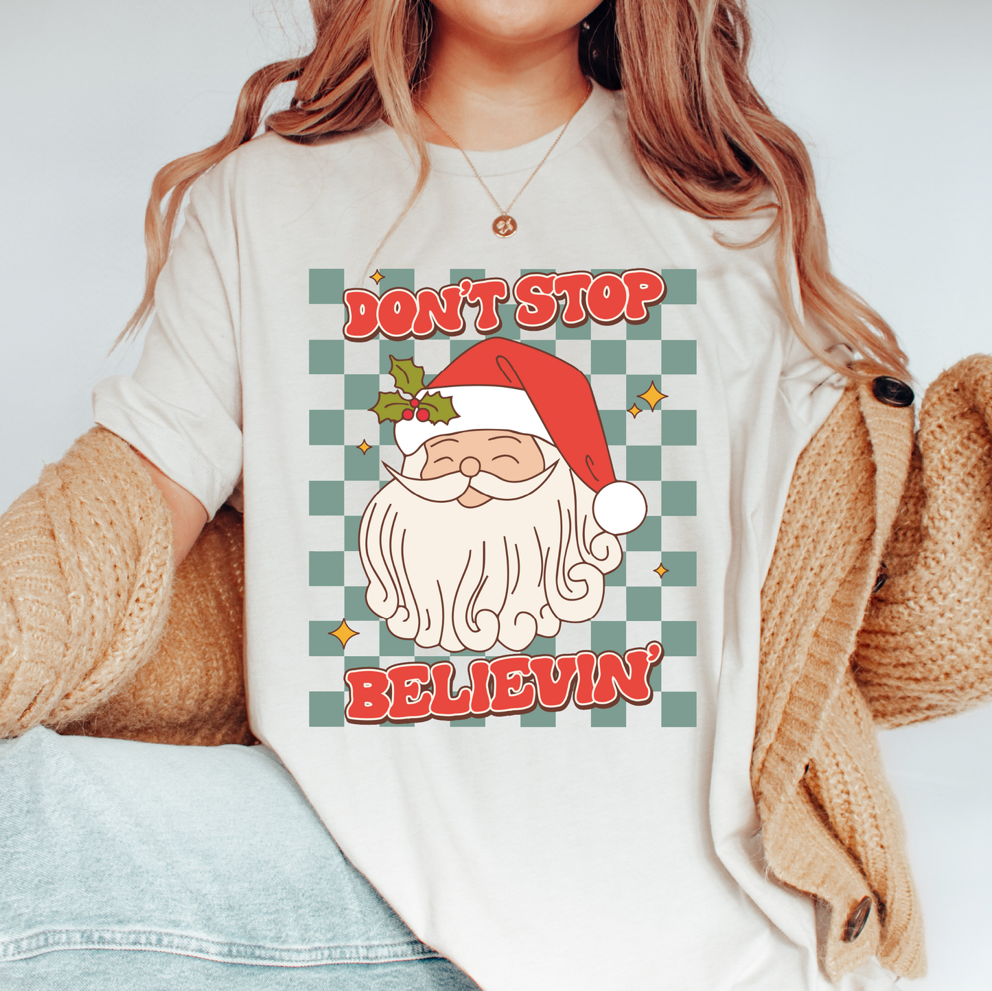 Don't Stop Believin' PNG | Retro Christmas Sublimation | Santa Claus T shirt Design