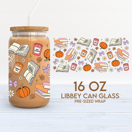 Fall Bookish Cup Wrap | Fall Autumn 16oz Libbey Can Glass | Book Lover PNG SVG