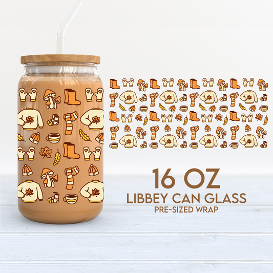 Fall Doodles Cup Wrap | Autumn Clothes 16oz Libbey Can Glass | Fall PNG SVG