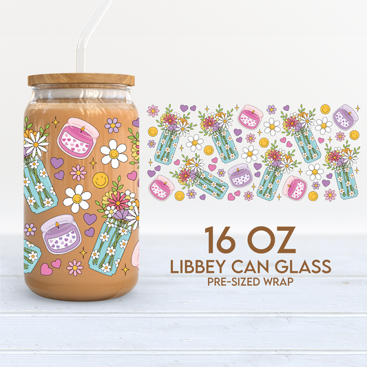 Flower Vase & Candles Cup Wrap | Cute Flowers 16oz Libbey Can Glass | Trendy PNG