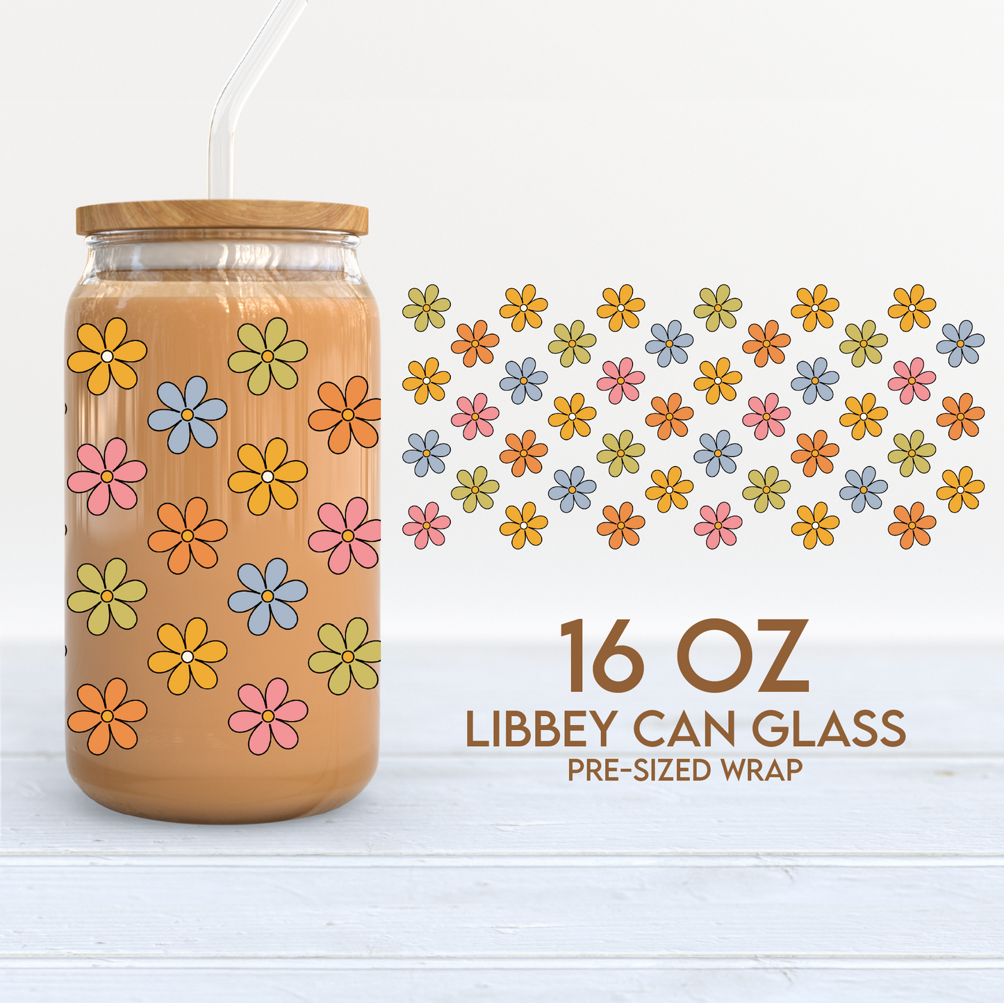 Flower Cup Wrap | Girly 16oz Libbey Can Glass | Trendy Boho PNG SVG