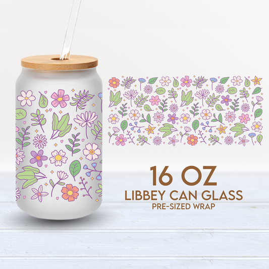 Spring Flowers & Leaves Wrap | 16oz Libbey Can Glass | Spring PNG SVG