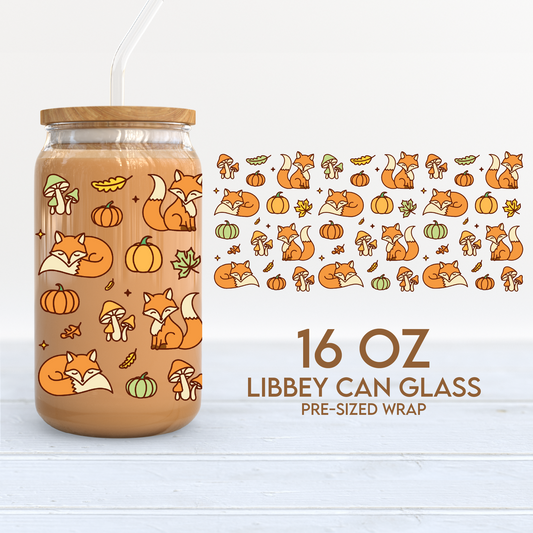 Fox and Pumpkins Cup Wrap | Autumn Doodles 16oz Libbey Can Glass | Fall PNG SVG