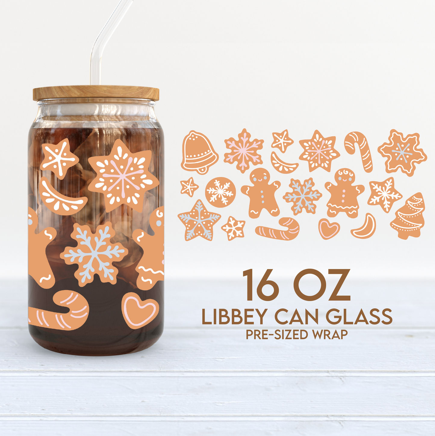 Gingerbread Cookies Set Cup Wrap | 16oz Libbey Can Glass | Christmas PNG SVG