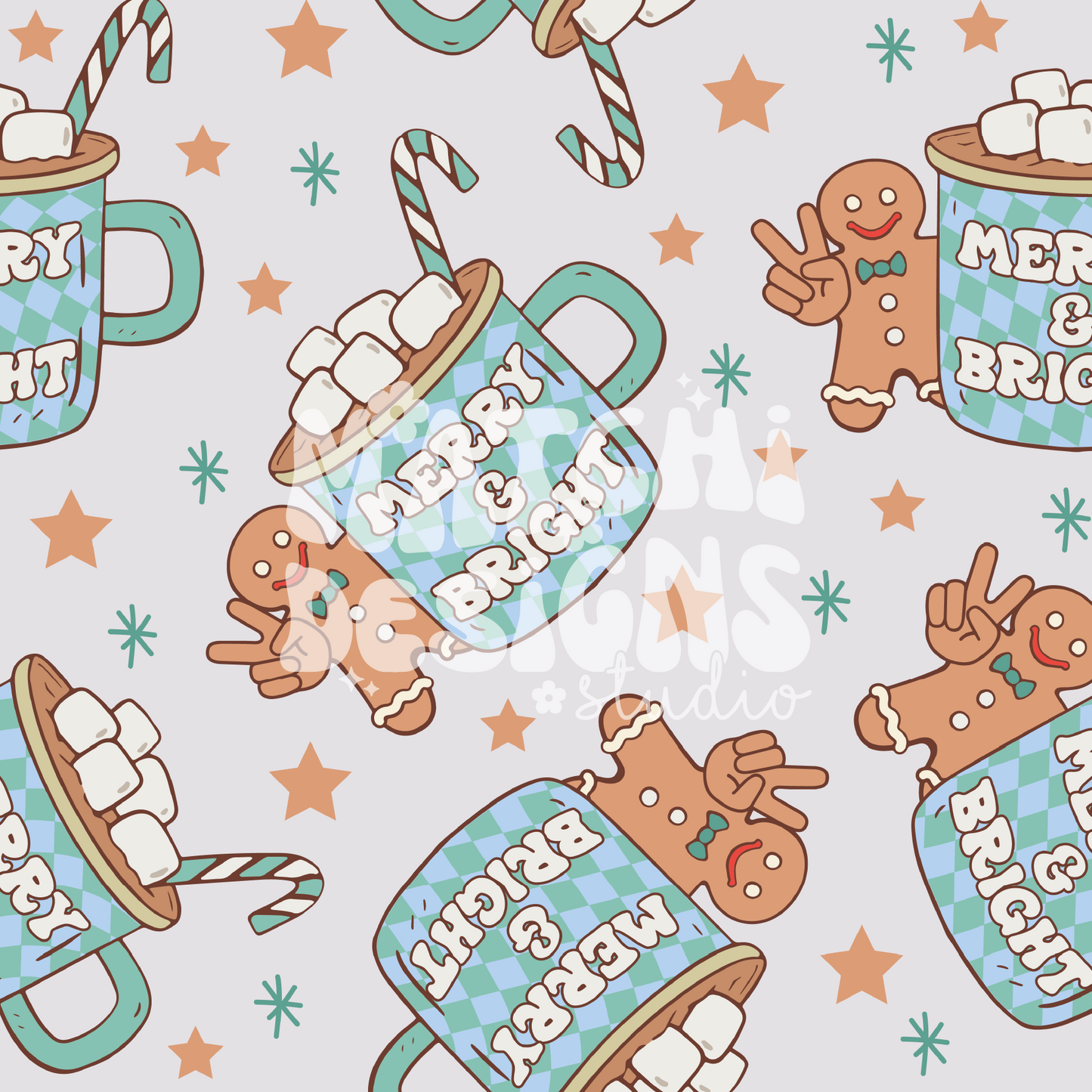 Christmas Hot Cocoa Seamless Pattern, Christmas Blue Pattern for Fabric Sublimation