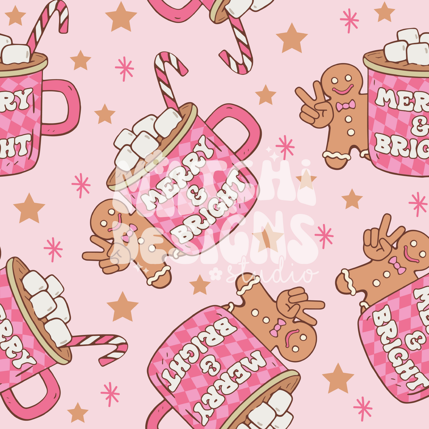 Christmas Hot Cocoa Seamless Pattern, Christmas Pink Pattern for Fabric Sublimation
