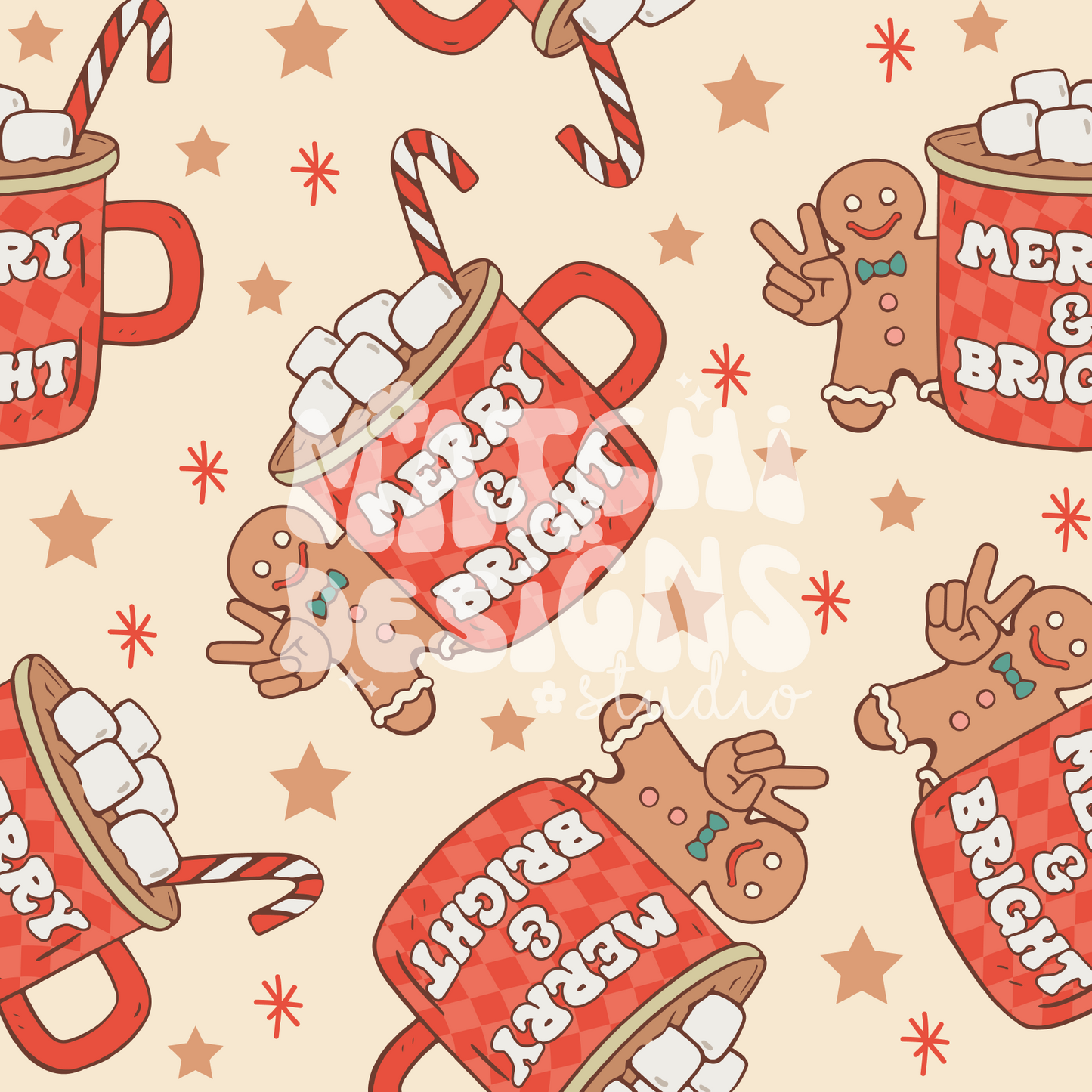 Christmas Hot Cocoa Seamless Pattern, Christmas Red Pattern for Fabric Sublimation