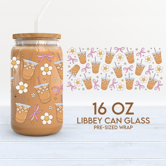 Iced Coffee Cup Wrap | Girly Coffee Lover 16oz Libbey Can Glass | Trendy PNG SVG