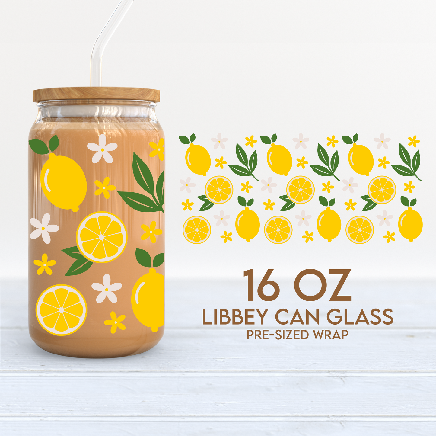 Lemon Cup Wrap | Retro 16oz Libbey Can Glass | Summer Fruits PNG SVG