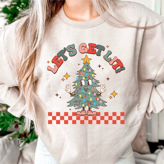 Let's Get Lit! PNG | Retro Christmas Sublimation | Funny Christmas Tree T shirt Design
