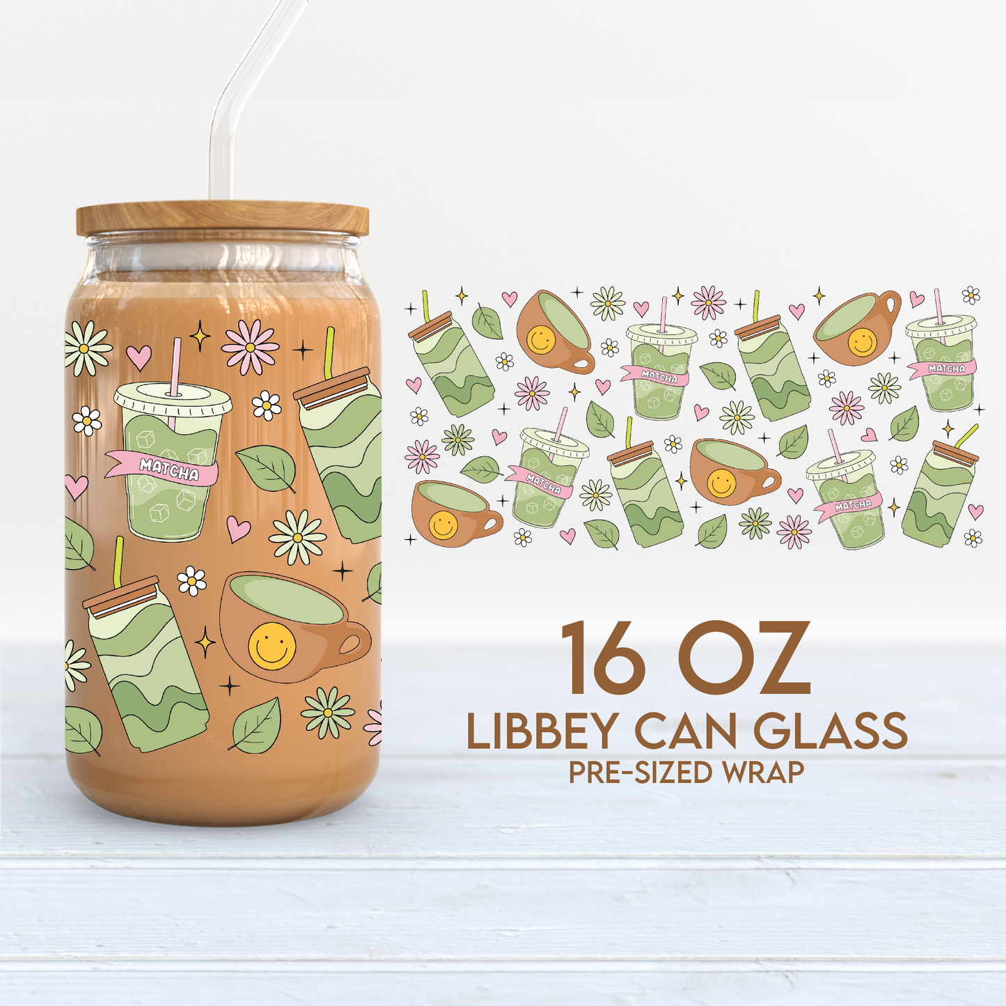 Matcha Girl Cup Wrap | Matcha Latte 16oz Libbey Can Glass | Trendy PNG SVG